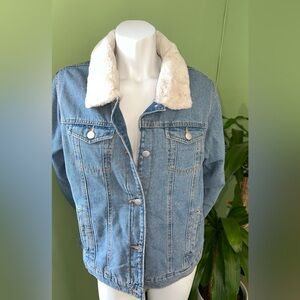 Jordache Light Blue Denim Jacket with Cream Faux Fur Collar